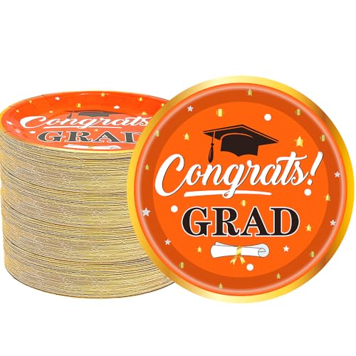 50Pcs Orange Graduation Party Supplies 2025,Orange and Gold Party Plates 7"Graduation Party Plates for Glitter Congrats School College Kindergarten High Graduation Party Decorations(Orange)