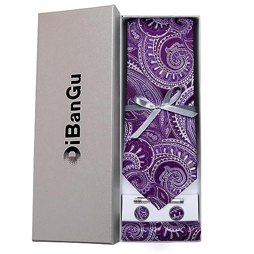 Image of DiBanGu Paisley Ties for Men Silk Necktie and Pocket Square Cufflinks Tie Clip Set Woven Classic Mens Tie for Wedding Party