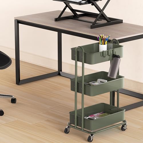 Image of Simple Houseware 3-Tier Heavy Duty Metal Utility Rolling Cart, Army Green
