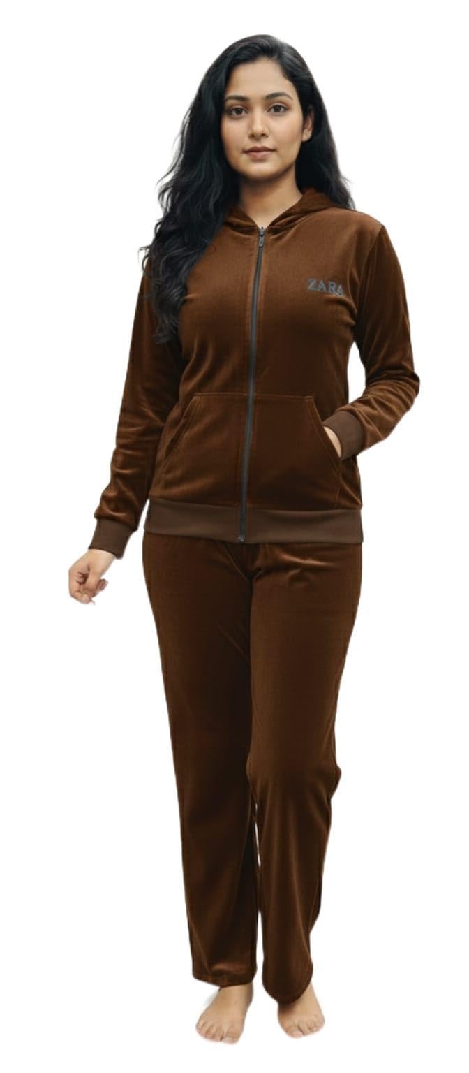Women's Velvet Tracksuit Set, Burgundy Red, Zip-Up Hoodie with Front Pockets and Matching Pants, Lounge Wear (IN, Alpha, M, Regular, Dark Coffee)-picture-10