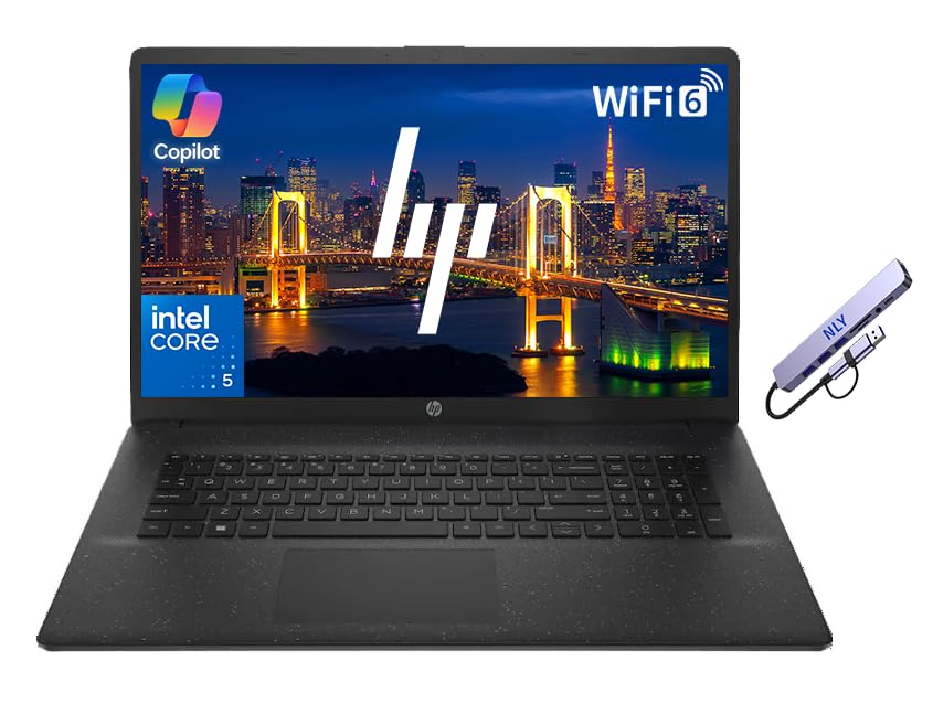 HP 17.3" Business Laptop Computer with AI Copilot, 10-Core Intel Core 5-120U Processor, 12GB RAM 768GB Storage (256GB SSD+512GB SD Card), Windows 11 Pro, NLY Docking Station, Wi-Fi 6, Jet Black