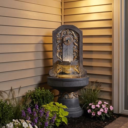Image of Bumilgar Outdoor Wall Fountain with LED Lights, 49.8 inch H Freestanding Gilded Fleur-de-Lis European Resin Standing Waterfall Feature, European Resin Flat Back Yard