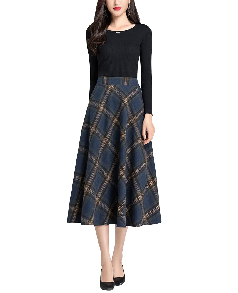 Womens Winter Long Skirt High Waist Midi Plaid Warm Wool