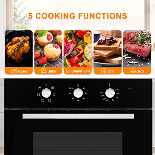 24'' Single Wall Oven, Gasland Chef Es606Mb 24 Inch Built-In Electric Ovens, 240V 2000W 2.3Cu.ft 6 Cooking Functions Of Grill Conventional Timer Etc. Mechanical Knobs Control, Black Glass #TOP1