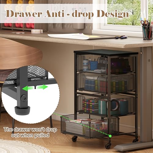 Rolling Cart with Drawers, 4-Drawer Storage Cart on Wheels with Wooden Top, Metal Utility Cart with Storage Drawers, Craft Storage Art Cart for Classroom, Office, Kitchen, Bedroom,Patent Pending - Image 5