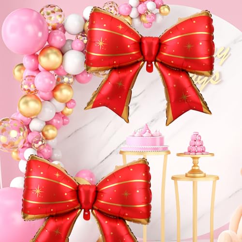Image of 2pcs Large Bow Balloons, Bow Themed Party Decorations Elegant Coquette Balloons for Coquette Birthday Wedding Engagement Party Decoration (Red with Star Dot)