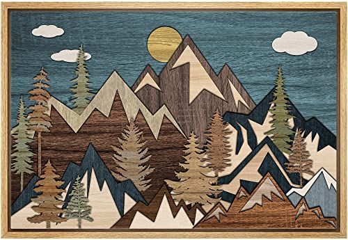 Image of wall26 Framed Canvas Print Wall Art Wood Panel Cloudy Mountain Pine Forest Nature Wilderness Digital Art Modern Art Farmhouse/Country Decorative for Living Room, Bedroom, Office - 16x24 Natural
