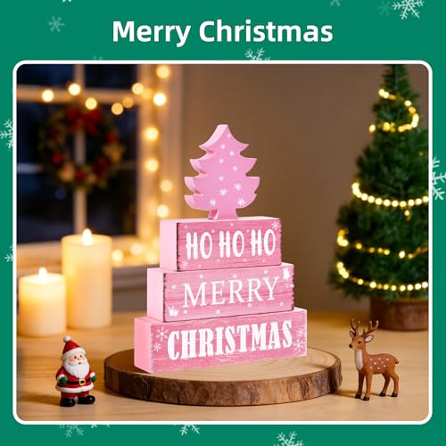 Image of 4 Pcs Christmas Wooden Tiered Tray Decor, Pink Merry Christmas Tree Decorations Gifts for Home, Winter Table Centerpiece for Xmas Party Kitchen Office