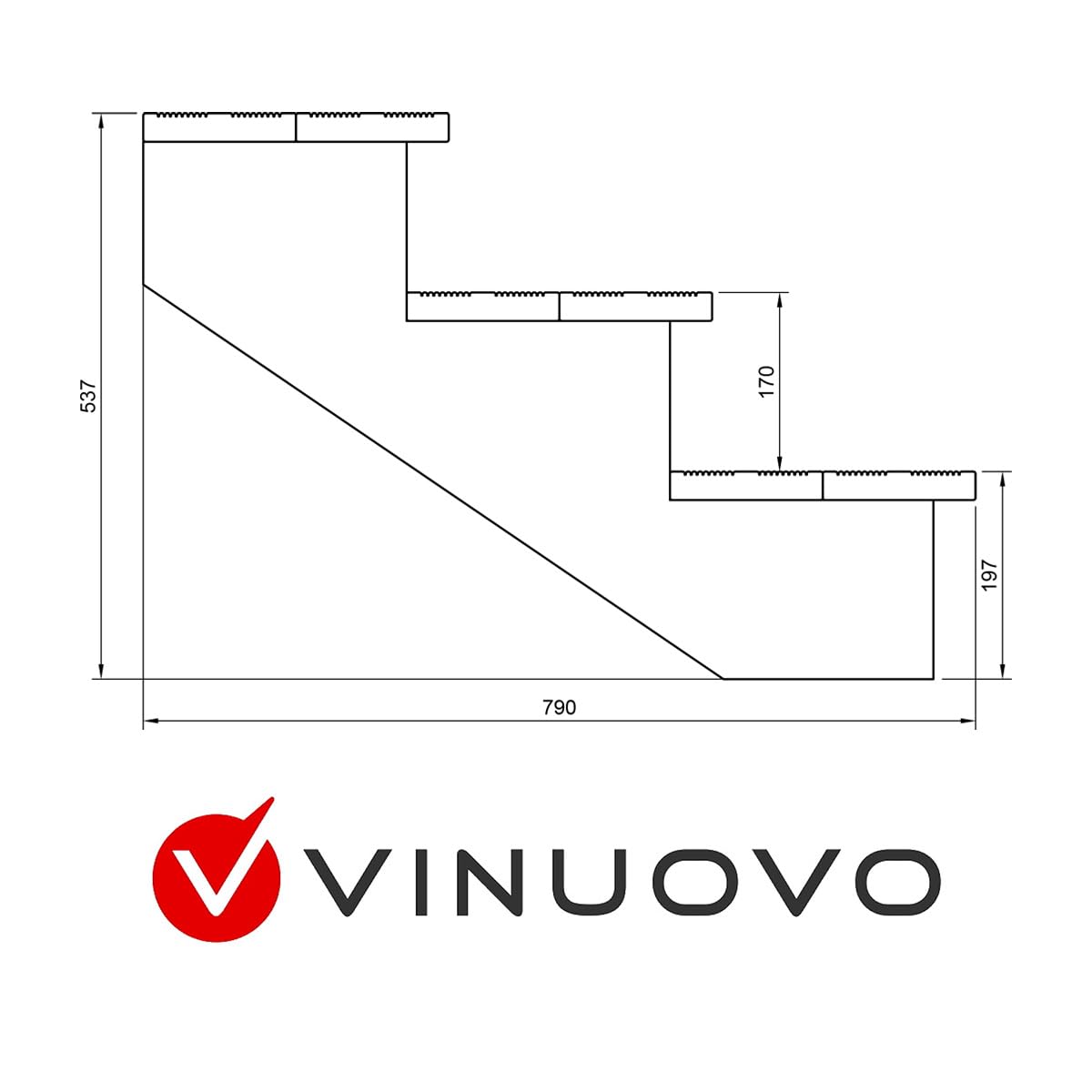 Scala esterna BERLIN, 3 gradini, Altezza 54cm, Larghezza 60cm, senza alzate, Scala in kit in Legno Autoclave- Vinuovo
