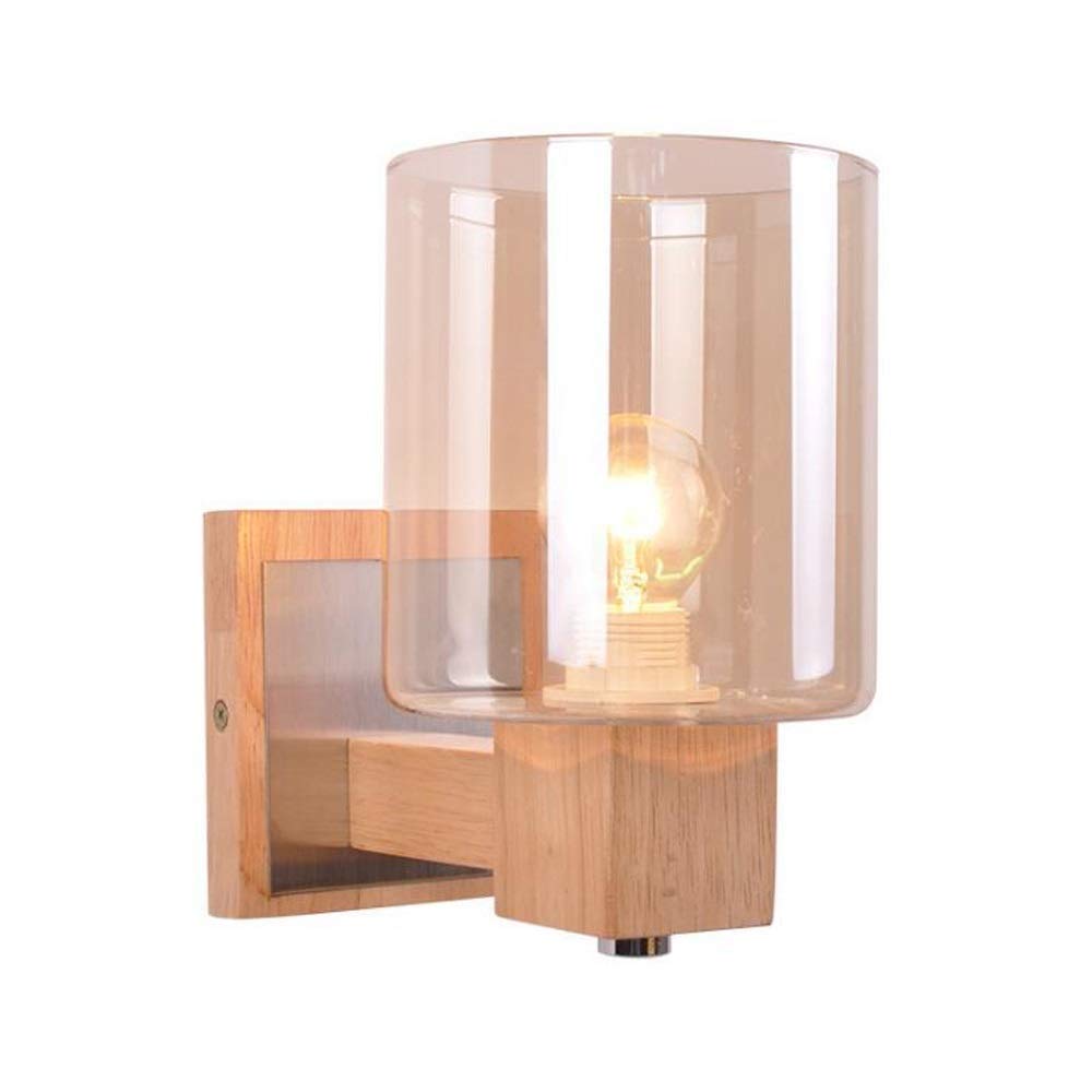 OZBMA Wall Mounted Light Nordic Log Loft Bedroom Solid Wood Clear Glass Sconce Aisle Stair Wooden Lamp Creative Bedside Living Room Study Lantern E27 Reading