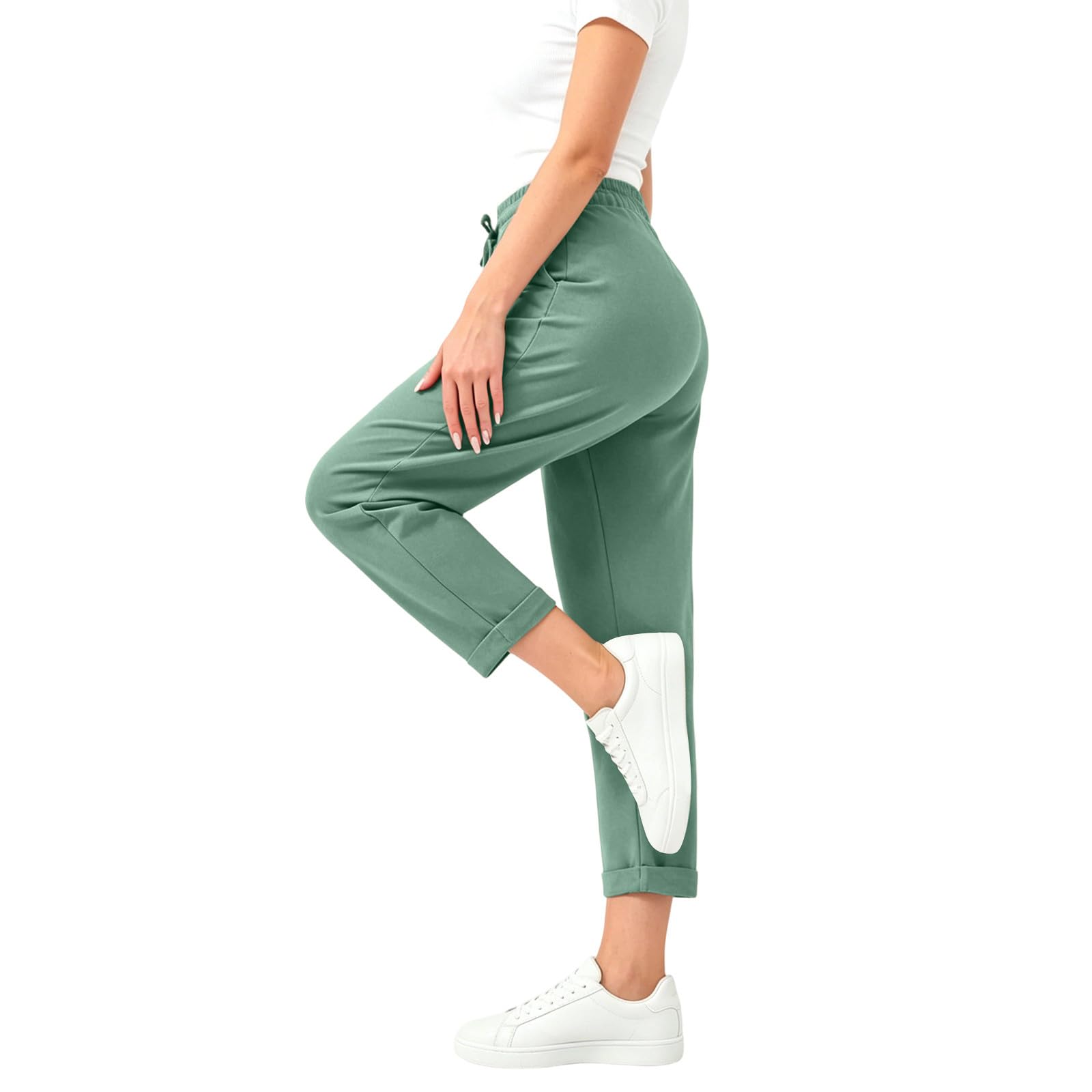 Pantalon 9/10 Femme Extensible Cordon Taille Élastique Poches Latérales