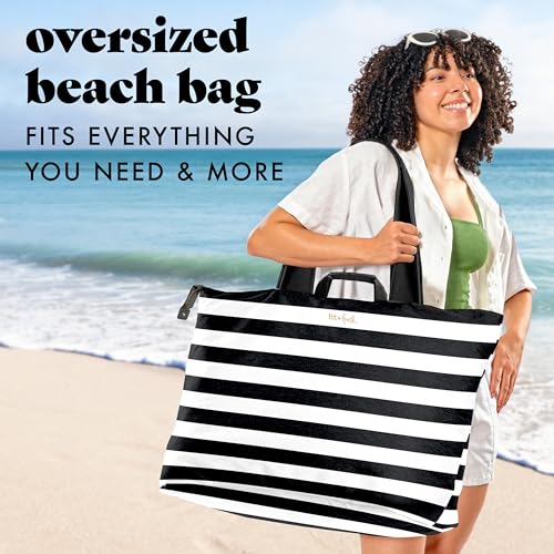 Image of Fit & Fresh XL Beach Tote Bag for Women - XL Travel Tote with Zipper & Pockets, Oversized Canvas Pool Bag, Weekender Carry-On