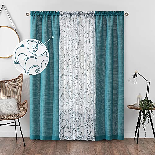 AUFENLLY 2 Embroidery Floral Semi Sheer Curtains and 2 Burlap Teal Curtains for Window Curtains 4 Panels Sets Curtains for Living Room Curtains 84 Inches Long (Brittany Blue, W27.5xL84 Inch Each)