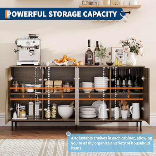 63" Fluted Sideboard Buffet Cabinet with 4 Doors, Modern Accent Storage Cabinet with Adjustable Shelves and Metal Legs, Console Table Coffee Bar Credenza for Living Room Dining Room- Natural Oak