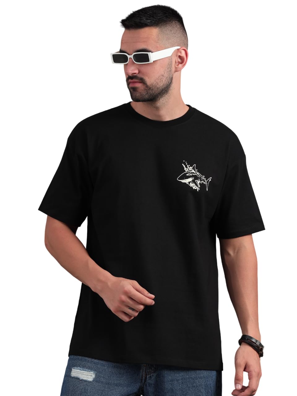 PAUL STREETMen's Black Pure Cotton Round Neck Shark Hunts Printed Oversized T-Shirt