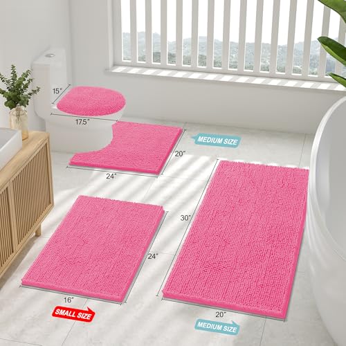Smiry Luxury Chenille Bathroom Rugs 47x17, Extra Soft and Absorbent Shaggy Bath Mat, Machine Washable, Non-Slip Plush Carpet Runner for Tub, Shower, and Floor, Home Decor Accessories, Hot Pink