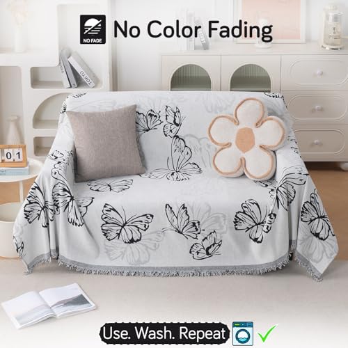 Image of HOKIPO Printed 320 GSM Chenille Sofa Cover Throw Blanket for 2 Seater Sofa - All Season, 'Serene Abode Series' Monochrome Butterfly (180x250 cm) (AR-6632-D8)