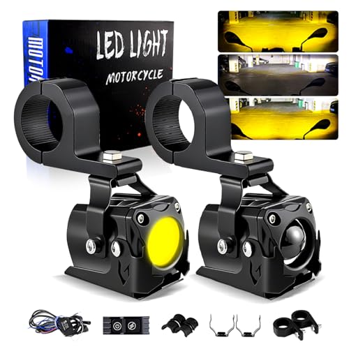 APMAT Motorcycle Lights LED Auxiliary Spotlights Driving Fog Light with Mount Brackets 7 Modes White/Amber Dual Color Strobe Switchback for Motorcycle Electric Bike 2PCS