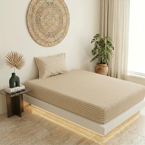 Image of Filymore Single Bed Bedsheet with 1 Pillow Cover, 300 TC Microfiber Satin Striped Bedsheet, Soft & Breathable Single Size Bedcover 90x60 Inches, Cream