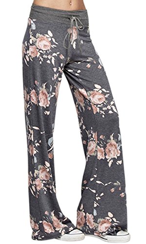 Image of AMiERY Women's Comfy Casual Pajama Pants Floral Print Drawstring Palazzo Lounge Pants Wide Leg