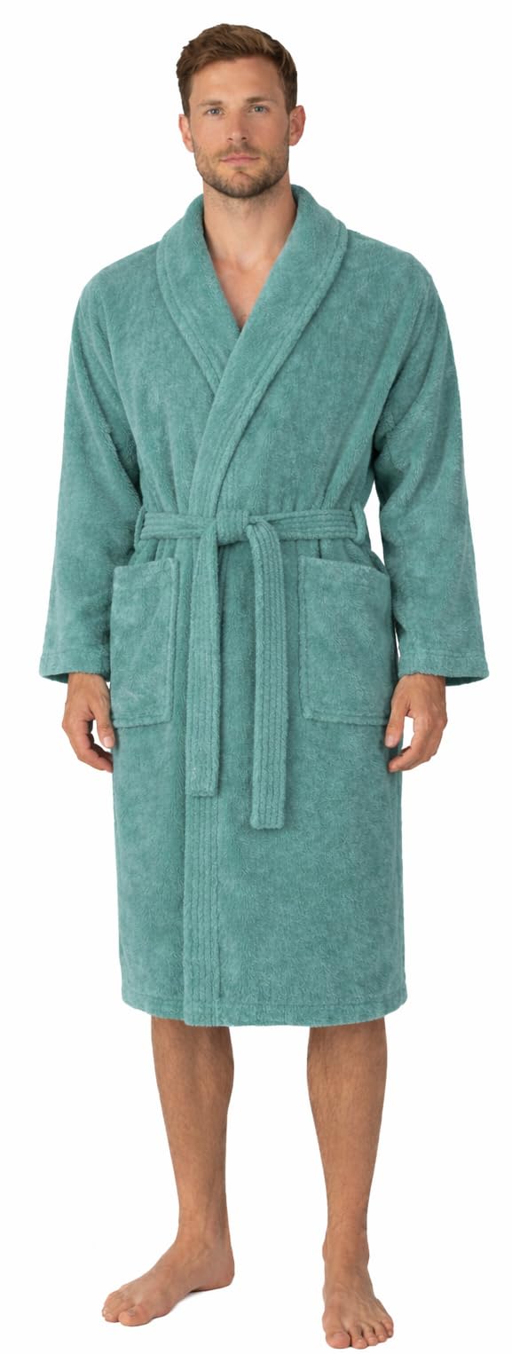 Adore Home Men's Teal 100% Cotton Bathrobe Terry Towelling Shawl Collar Bath Robe Dressing Gown, Large,