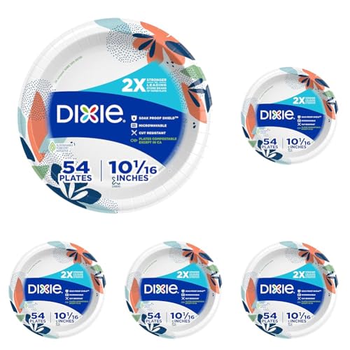 Image of Dixie Large Paper Plates,10 Inch,2X Stronger*,Microwave-Safe,Soak-Proof,Cut Resistant,Disposable Plates for Everyday Breakfast,Lunch,& Dinner Meals,54 Count (Pack of 5)