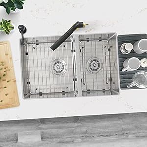 Stylish 28 x 18 Inch Undermount Kitchen Sink 9 Inches Deep Reversible 10mm Radius Corners 18G Double Bowl Stainless Steel Sink with Bottom Grids and Standard Metal Strainers, S-403G Stylish 28 x 18 Inch Undermount Kitchen Sink 9 Inches Deep Reversible 10mm Radius Corners 18G Double Bowl Stainless Steel Sink with Bottom Grids and Standard Metal Strainers S 403G