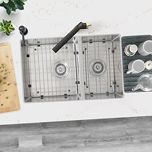 Stylish-28-x-18-Inch-Undermount-Kitchen-Sink-9-Inches-Deep-Reversible-10mm-Radius-Corners-18G-Double-Bowl-Stainless-Steel-Sink-with-Bottom-Grids-and-Standard-Metal-Strainers-S-403G Stylish 28 x 18 Inch Undermount Kitchen Sink 9 Inches Deep Reversible 10mm Radius Corners 18G Double Bowl Stainless Steel Sink with Bottom Grids and Standard Metal Strainers S 403G