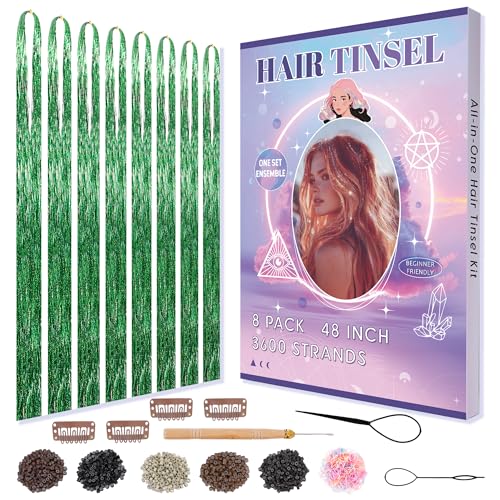 Arcpor Hair Tinsel Green Fairy Hair Tinsel Kit for Teen Girls Heat Resistant Glitter Hair Extensions for St Patricks Day Hair Accessories Party Festival(Green 48 Inch)