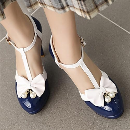 Image of Elbslutt Women's Cute Retro Rockabilly Shoes T Strap Mary Janes Heels Chunky Cosplay Shoes Sweet Block Heeled Bow Pumps