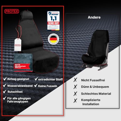PROTEX© Sitzschoner für Autositze - [Testsieger 2025] Werkstattschoner - Rutsch- und wasserfestes, schmutzabweisendes Oxford-Material - Ideale Passform - schwarz mit roten Nähten (1 Stück)