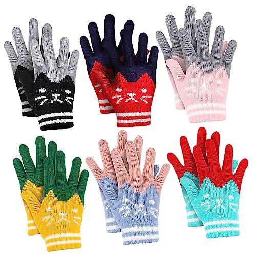 6 Pairs Knitted Gloves Winter Warm Mittens with Adorable Kitten Pattern for Boys for Outdoor Activities Skiing and Ice Skating