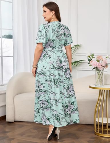 Image of ShopWonder Womens Plus Size V Neck Wrap Maxi Dress High Waist Ruffle Summer Casual Dress with Belt