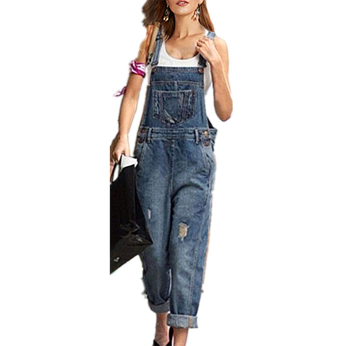 Odotwomen Loose Fit Denim Dungarees Casual Sleeveless Overalls