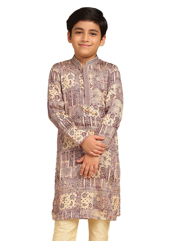 Kisah Boys Kurta | Cotton Blend Foil Print Ethnic Wear For Kids Wedding And Occasions-Kk-1035-9-10 Years Magenta