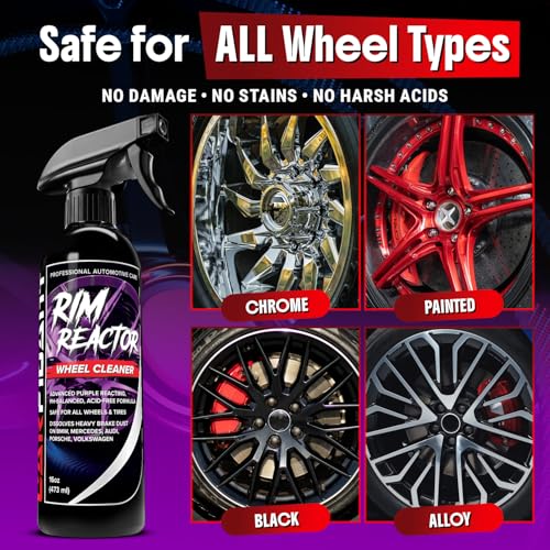 Image of Carfidant Rim Reactor Wheel Cleaner Spray - No Scrub Formula with Purple Iron Remover Reaction - Removes Brake Dust & Grime - Safe for All Wheels (Aluminum, Chrome, Black) - pH Neutral - 16oz