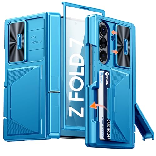 Image of for Samsung Galaxy Z Fold 7 Case with Card Holder RFID Blocking, Built in Slide Lens Cover & Hinge Protection & Kickstand & Screen Protector, Shockproof Wallet Case for Z Fold 7 (Lake Blue)