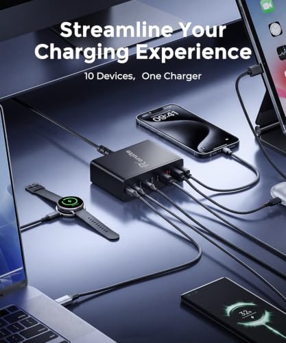 Image of USB C Charging Station 10 Port with 4 Cables,245W GaN Charger Block | Type C Wall Charger Power Strip Adapter Plug for iPad iPhone17 16 15 14 13 12 Pro Max Pixel Note Galaxy Black