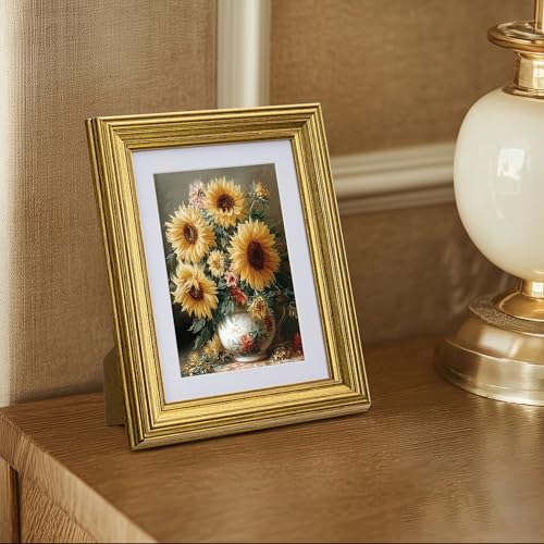Image of eletecpro 5x7 Gold Picture Frames Set of 4, Vintage Photo Frames with Clear Acrylic Cover, Gallery Wall Art Display 4x6 Photo with Mat or 5x7 without Mat for Tabletop and Wall Mount, Home Decor