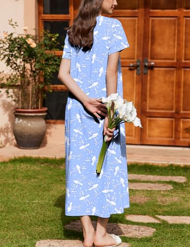 Image of Ekouaer Nightgown for Women Cotton Long Night Gown Short Sleeve Nightdress with Pockets Button Sleepshirt Soft Sleepwear