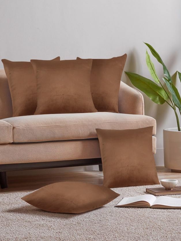 Image of Amazon Brand - Umi Velvet Decorative Cushion Cover 18x18 Inch - Set of 5, Soft Solid Square Throw Pillow Covers for Sofa, Living Room or Home Decor - 45x45 cm in Brown Color