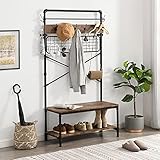 OIOG Industrial Coat Rack Shoes Bench, 5-in-1 Entryway Hall Tree with Storage and Hooks for Bedroom,...
