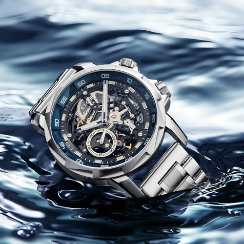 Image of FEICE FM511 Men's Automatic Skeleton Watch, Luxury Sapphire Crystal Glass Blue Dial Luminous Hands, 5ATM Waterproof Sport Wristwatch with Silicone Strap for Men, Casual Mechanical Watches for Men.