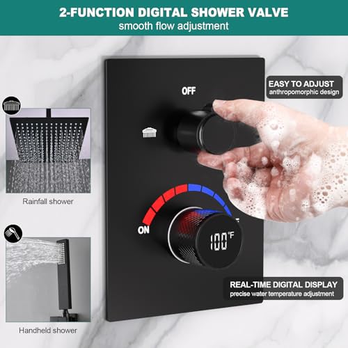 Válvula mezcladora de ducha con display digital, desviador 2 vías con kit de acabado | Mezcladora de latón con lector de temperatura para remodelación nueva, NPT1/2, negro mate miniatura 3