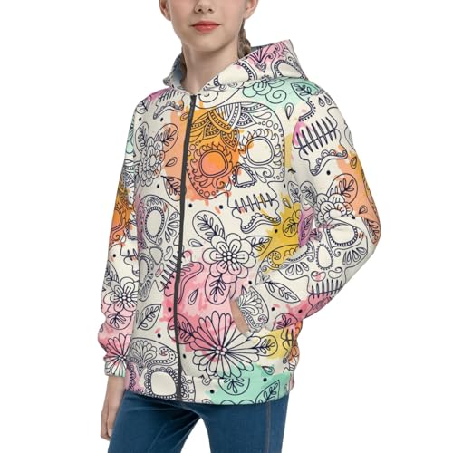Skull and Flowers Kid Hoodies Boys Zip Up Sweatshirts Girls Pullover with Pocket