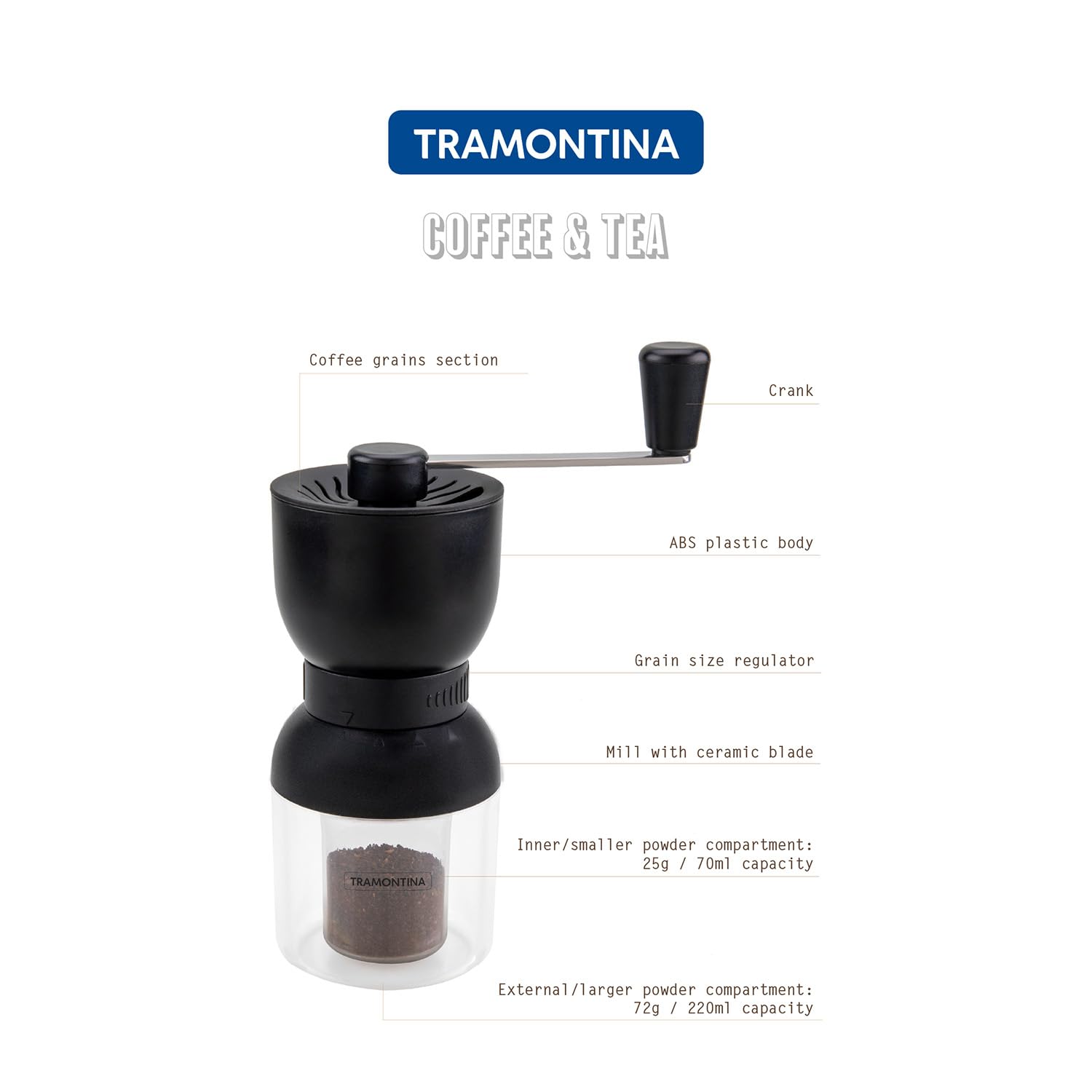 TRAMONTINA - Młynek do kawy, korpus z tworzywa ABS, młynek z ceramicznym ostrzem, regulator wielkości ziarna, 4 opcje mielenia, praktyczny i skuteczny