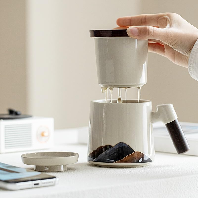 Tasse à thé Tasse à thé simple en céramique grise Grasswood avec couvercle et filtre, idéale for la maison ou le bureau Récipient de trempage