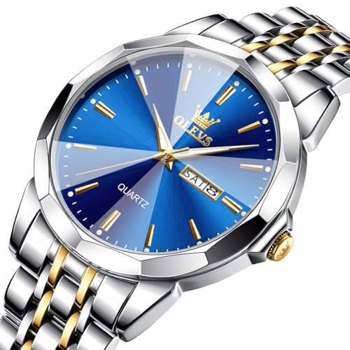 Image of OLEVS Watches for Men Business Dress Diamond Analog Quartz Big Face Luxury Classic Stainless Steel Waterproof Luminous Two Tone Wristwatch