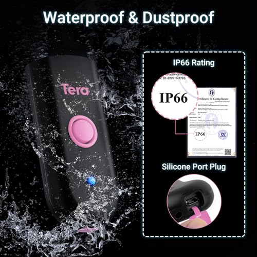 Image of Tera Barcode Scanner Mini 1D Wireless: 3-in-1 Works with Bluetooth 2.4G USB Wired Portable Laser Bar Code Reader Pocket Size for Windows Android iOS Tablets Computers 1100L Pink