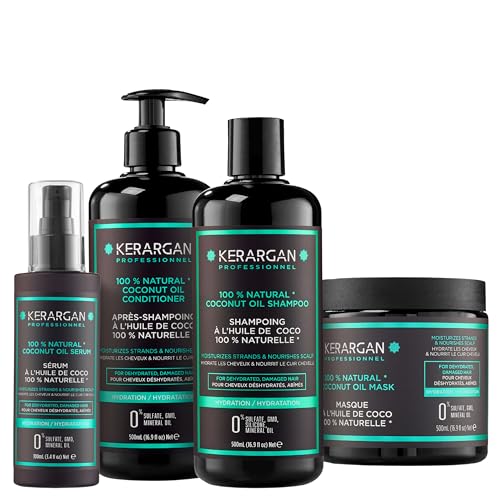 Kerargan - Feuchtigkeits-Set Shampoo, Spülung, Haarmaske & Serum mit Kokosöl - Komplette Pflege für trockenes und geschädigtes Haar - Ohne Sulfate, GVO, Silikone - 3x500 ml + 100 ml